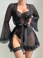 5-Piece Valentine’s Day Sexy Crotchless Bodysuit Set with Sheer Robe, Waist Belt & 1 Pairs of Thigh-High Socks - Image 10
