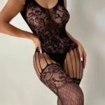 Sexy black floral fishnet bodystocking for women front view with sheer mesh and sleeveless fit
