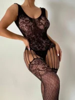 Sexy black floral fishnet bodystocking for women front view with sheer mesh and sleeveless fit
